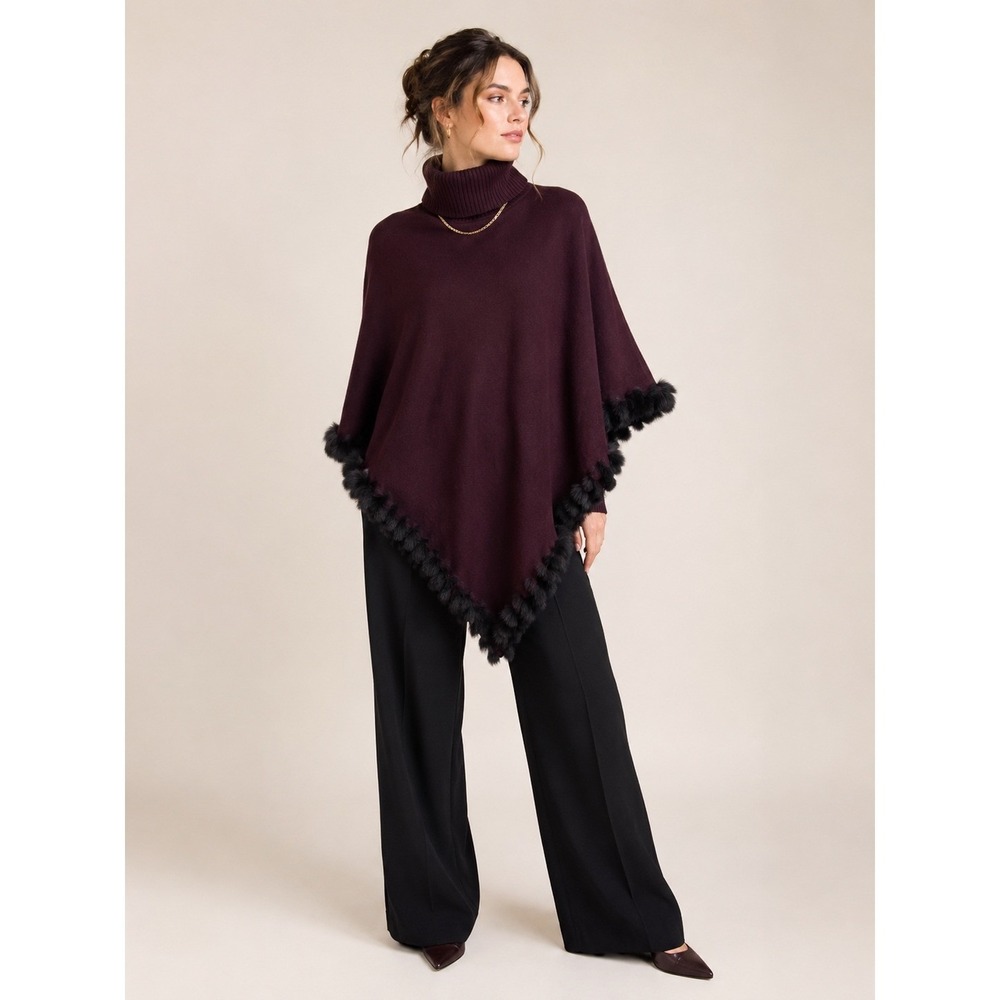 Alfani Poncho Womens L/XL Burgundy Excellent Faux Fur Turtleneck Fall Sweater